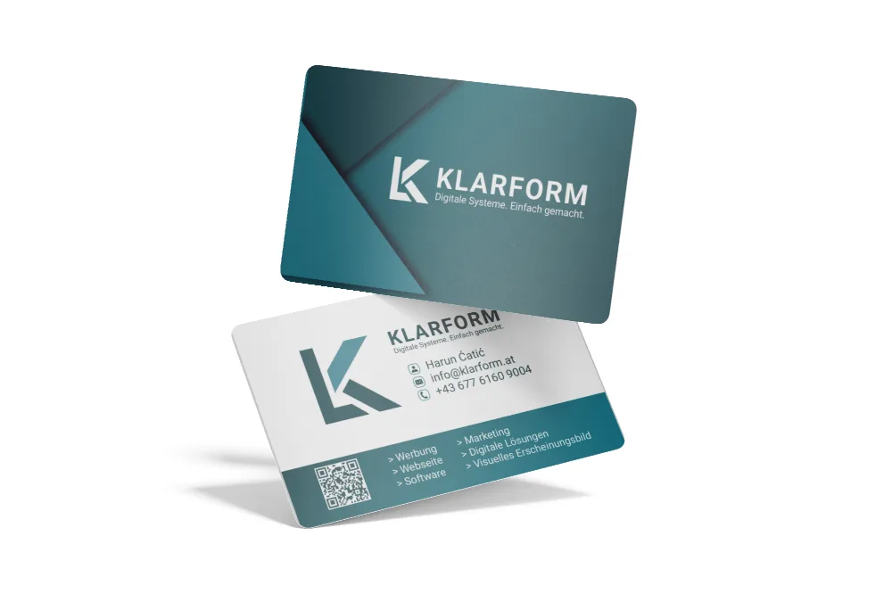Visitenkarten von Klarform in Petrol und Weiß