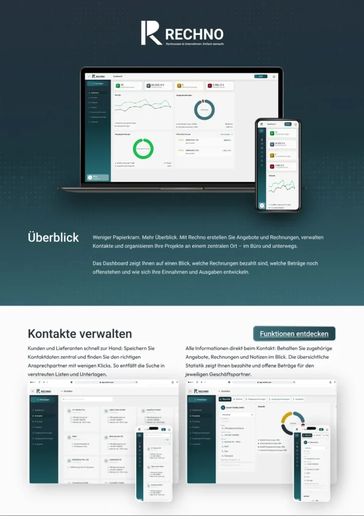 Flyer-Design für die Rechnungssoftware Rechno – Titelseite