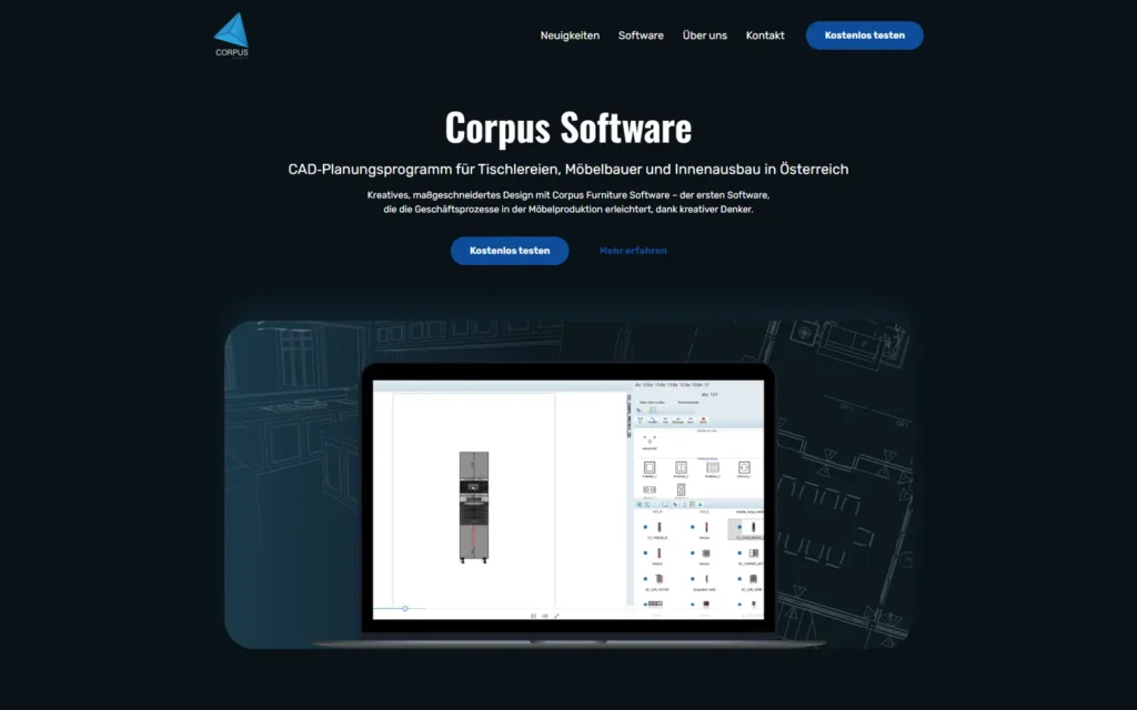Website von Corpus Software für Tischlereien – Desktop-Ansicht
