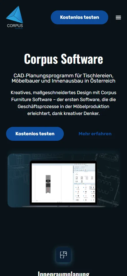 Website von Corpus Software für Tischlereien – mobile Ansicht