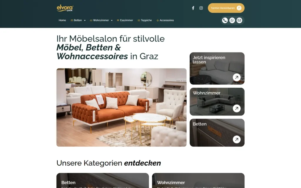 Online-Produktkatalog des Elvora Möbelsalons in Graz – Desktop-Ansicht