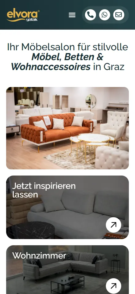 Online-Produktkatalog des Elvora Möbelsalons in Graz – mobile Ansicht