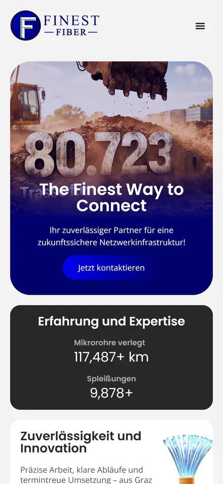 Website der Finest Fiber GmbH für Glasfaserausbau – mobile Ansicht