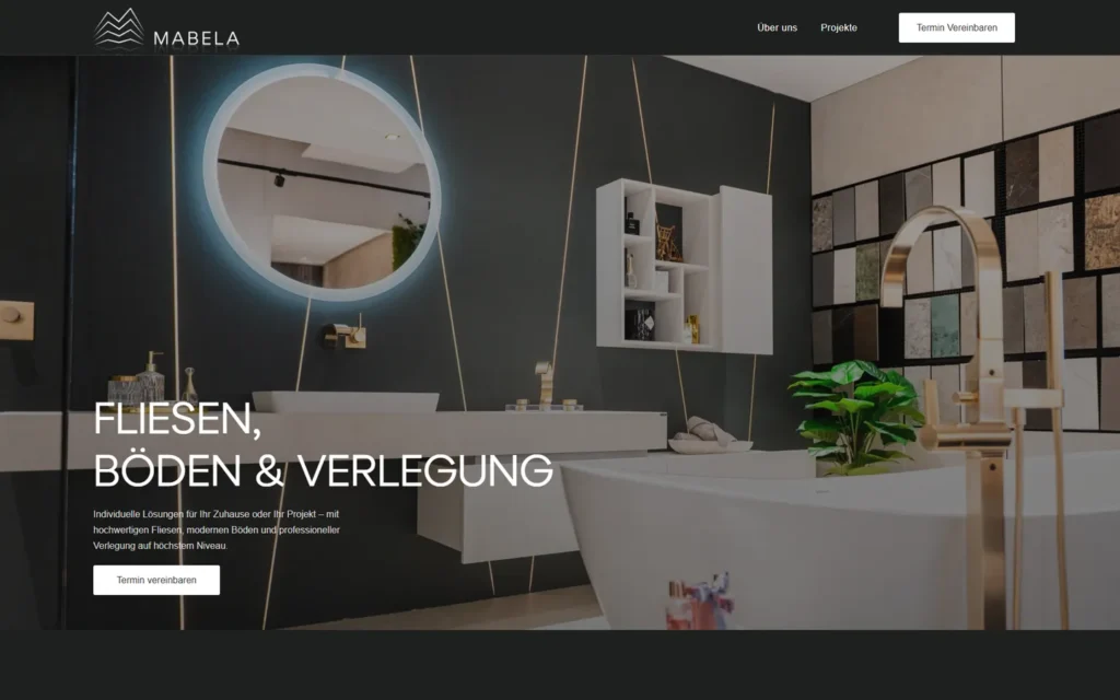 Website von MABELA für Fliesen, Böden und Verlegung – Desktop-Ansicht