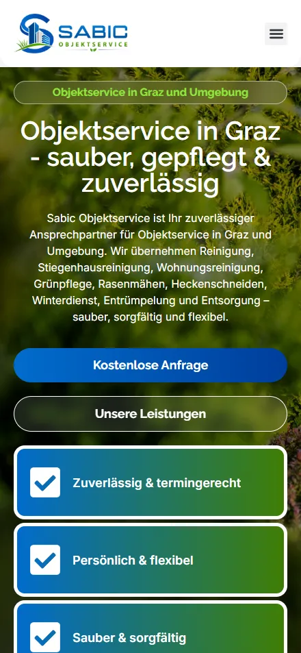 Website von Sabic Objektservice in Graz – mobile Ansicht