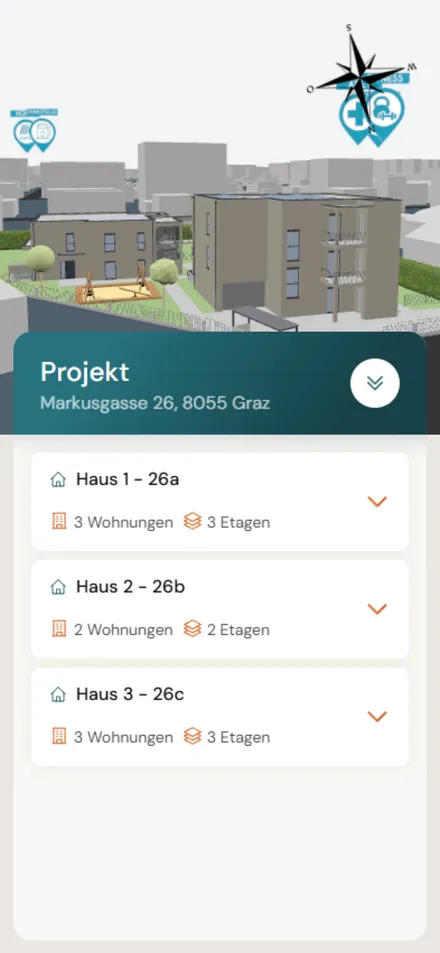 Immobilien3D am Smartphone mit 3D-Ansicht eines Wohnprojekts